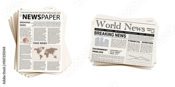 Obraz Pile of newspapers on white background. Stack of newspapers. Paper waste. Newspaper header footer. Newspaper border. Vector illustration
