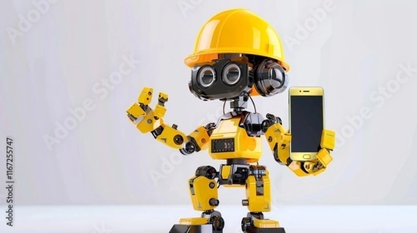 Fototapeta Construction Robot Presenting Smartphone: Future of Technology in Construction
