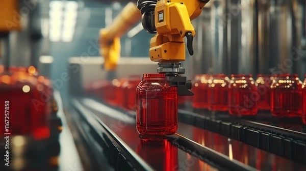 Fototapeta Robotic arm inspecting a product on a factory conveyor belt, automated quality control, advanced manufacturing.