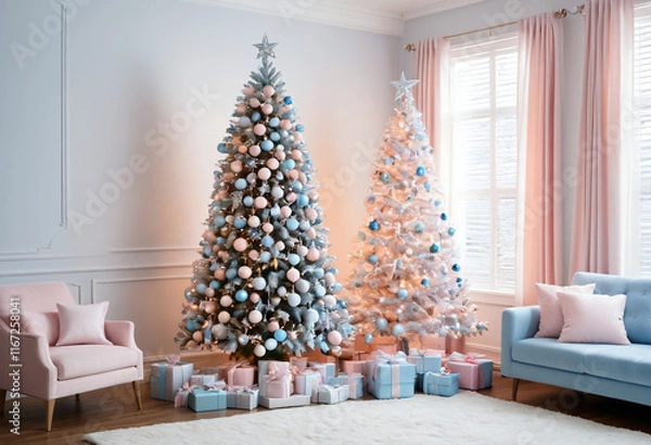Fototapeta Cozy Living Room with Christmas Trees