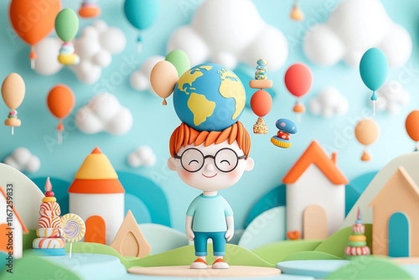 Fototapeta cheerful boy with glasses stands in colorful landscape, balancing globe on his head. scene features vibrant balloons, whimsical houses, and playful sweets, creating joyful atmosphere