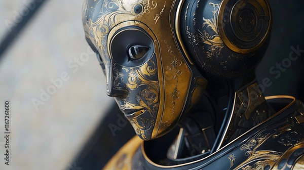 Fototapeta An Elegant Art Nouveau Robot Companion Showcasing Sinuous Lines and Refined Metallic Embellishments