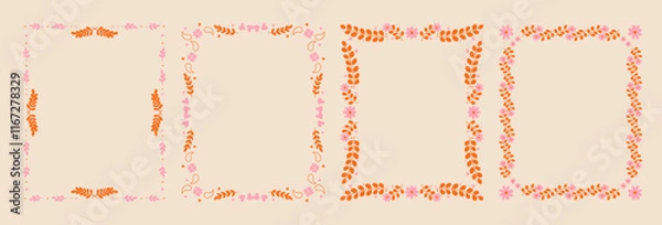 Fototapeta Set of whimsical floral border frames. hand drawn wildflowers and scribble line frame for invitation, valentine or invitation save the date card. Elegant botanical elements.