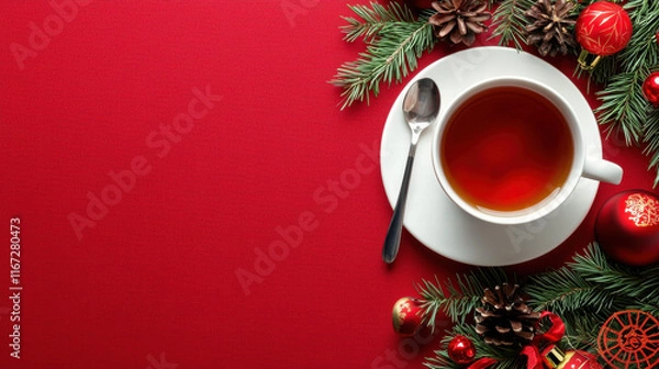 Fototapeta serene scene of traditional tea set on red tablecloth surrounded by festive decorations, evoking warmth and joy. , Lunar New Year