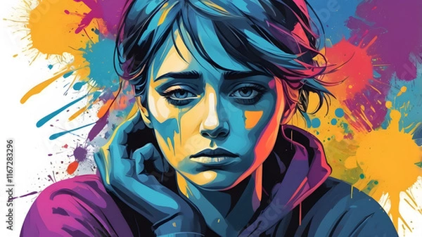 Fototapeta abstract portrait of a depressed person color splash