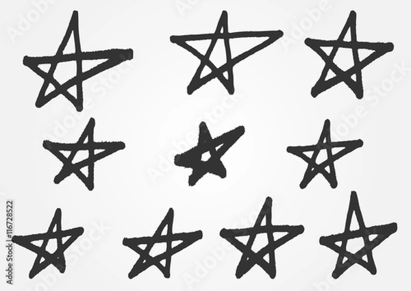 Fototapeta A set of distorted stars from the hand of a rough brush. Grunge sketch. 10 isolated abstract elements.