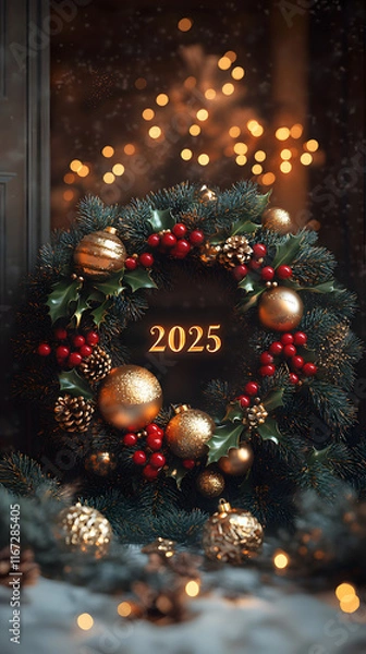 Fototapeta Festive wreath with golden decorations and the year 2025 in a cozy setting during the holiday season