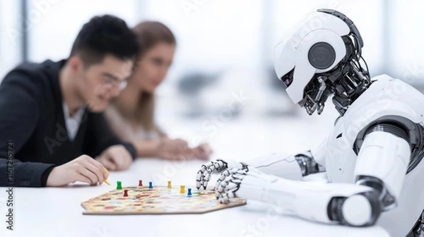 Obraz A robot and two people playing a board game together.