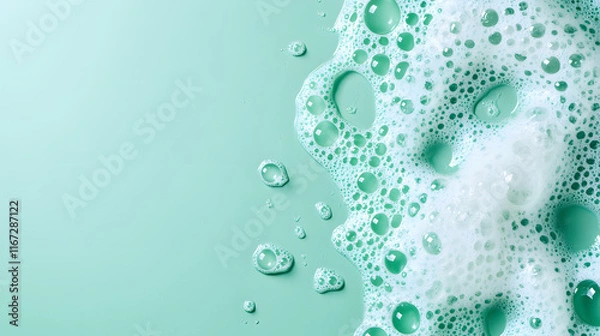 Fototapeta White foam cream texture, soap bubble or cosmetic gel clean foam isolated on mint background with copy space