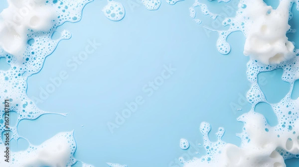 Fototapeta White foam cream texture, soap bubble or cosmetic gel clean foam isolated on blue background with copy space