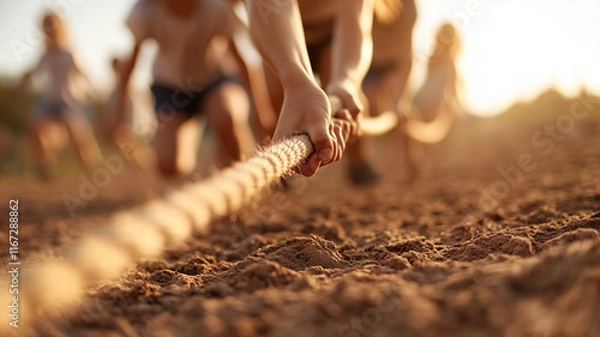 Fototapeta Tug war competition with rope. Hands pulling rope together, teamwork concept.