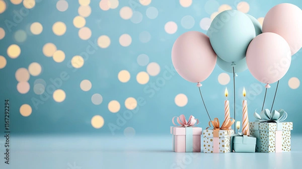 Fototapeta Bright and festive birthday scene featuring pastel balloons, beautifully wrapped gifts, and lit candles, creating joyful atmosphere for celebration
