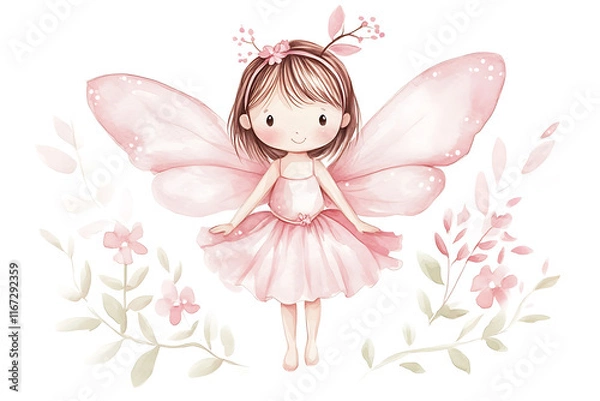 Obraz A cute fairy with pink wings and a dress, surrounded by flowers and leaves.