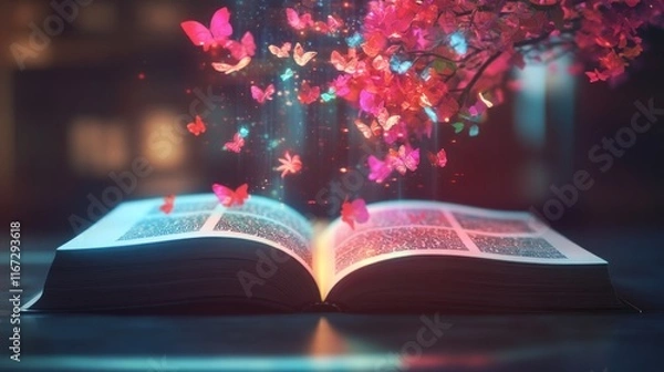 Fototapeta Magical book with glowing butterflies emerging from its pages.