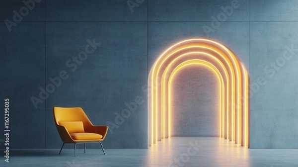 Obraz Futuristic yellow chair with glowing neon arches in minimalist interior design