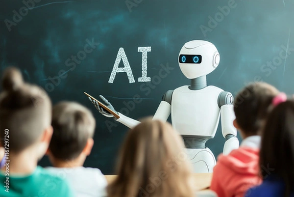 Fototapeta robot teaching students about AI in classroom setting, engaging and informative. scene captures future of education with technology