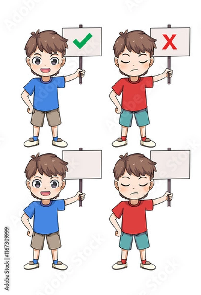Obraz cartoon child holding red cross and checkmark sign negative positive aproval disapproval