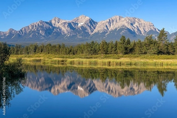 Fototapeta Majestic mountain range reflecting in a crystal-clear lake, a serene natural landscape of the Canadian national park system. The beautiful blue sky, golden hour lighting, and pine trees