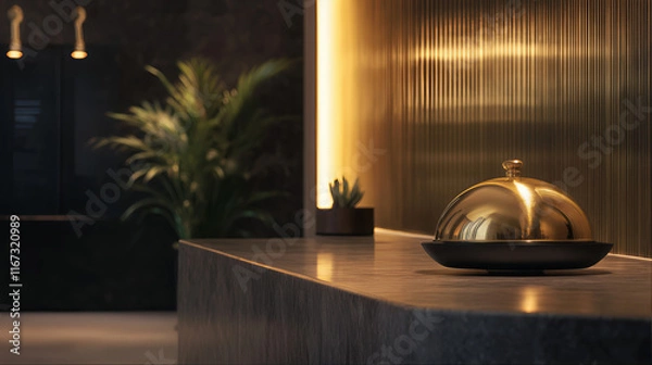 Fototapeta Hotel room service bell with Gold service bell on a marble reception desk in a modern hotel lobby.
