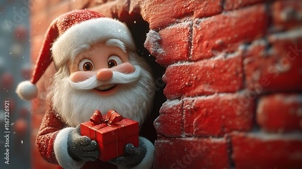 Fototapeta 3D cartoon-style illustration, with a cute smiling Santa Claus peeking out from a hole in a red wall, holding a present box