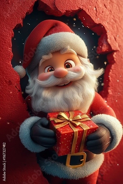 Fototapeta 3D cartoon-style illustration, with a cute smiling Santa Claus peeking out from a hole in a red wall, holding a present box
