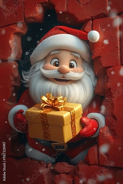 Fototapeta 3D cartoon-style illustration, with a cute smiling Santa Claus peeking out from a hole in a red wall, holding a present box