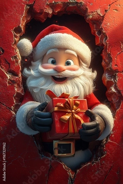 Fototapeta 3D cartoon-style illustration, with a cute smiling Santa Claus peeking out from a hole in a red wall, holding a present box