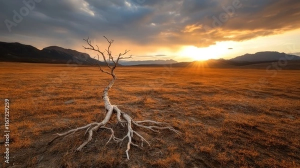 Fototapeta A lonely tree with visible roots stands on dry ground illuminated by the warm glow of sunset, evoking feelings of perseverance and the beauty in solitude within nature.