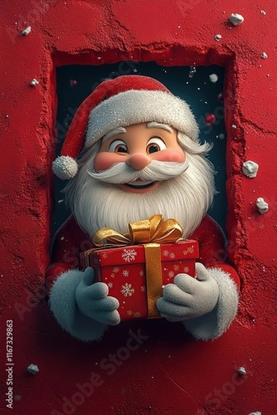 Fototapeta 3D cartoon-style illustration, with a cute smiling Santa Claus peeking out from a hole in a red wall, holding a present box