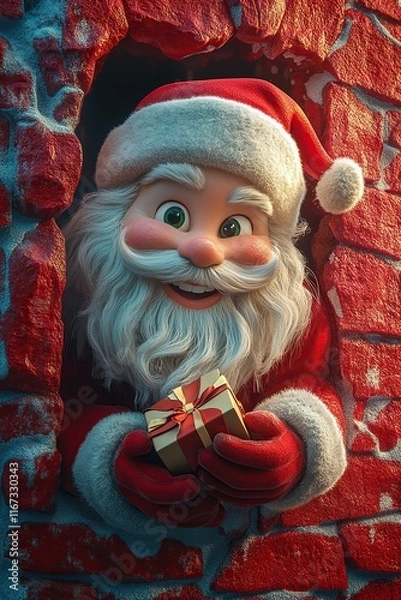 Fototapeta 3D cartoon-style illustration, with a cute smiling Santa Claus peeking out from a hole in a red wall, holding a present box