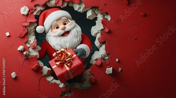 Fototapeta 3D cartoon-style illustration, with a cute smiling Santa Claus peeking out from a hole in a red wall, holding a present box