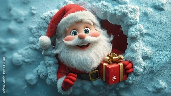 Fototapeta 3D cartoon-style illustration, with a cute smiling Santa Claus peeking out from a hole in a red wall, holding a present box