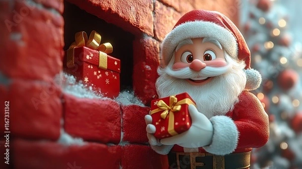 Fototapeta 3D cartoon-style illustration, with a cute smiling Santa Claus peeking out from a hole in a red wall, holding a present box