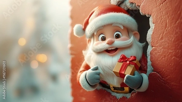 Fototapeta 3D cartoon-style illustration, with a cute smiling Santa Claus peeking out from a hole in a red wall, holding a present box