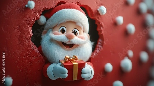 Fototapeta 3D cartoon-style illustration, with a cute smiling Santa Claus peeking out from a hole in a red wall, holding a present box