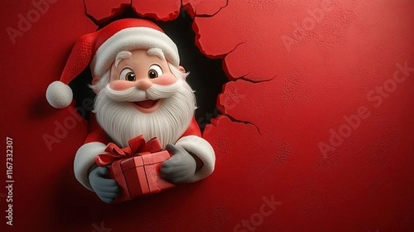 Fototapeta 3D cartoon-style illustration, with a cute smiling Santa Claus peeking out from a hole in a red wall, holding a present box