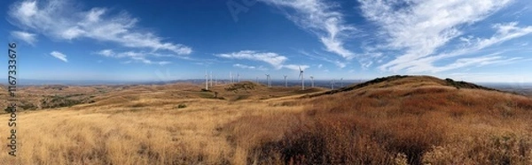Fototapeta Exploring panoramic wind farm views with rolling hills california landscape photography natural environment scenic perspective