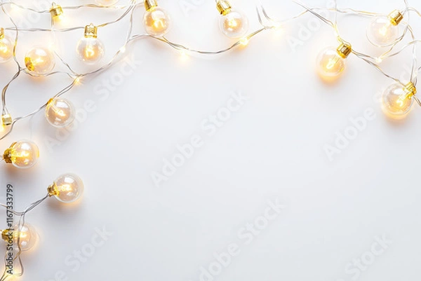 Fototapeta Decorative string lights with glowing bulbs on white background