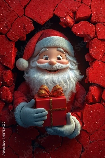 Fototapeta 3D cartoon-style illustration, with a cute smiling Santa Claus peeking out from a hole in a red wall, holding a present box