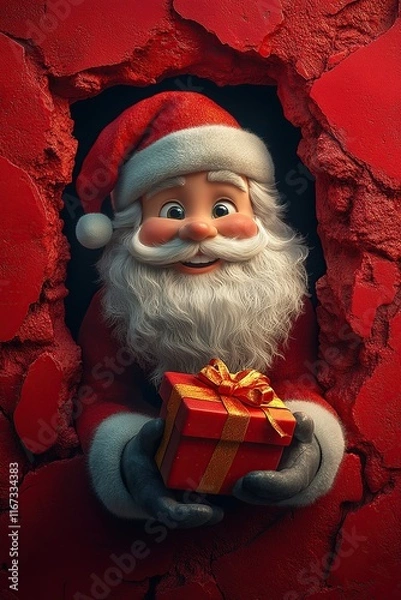 Fototapeta 3D cartoon-style illustration, with a cute smiling Santa Claus peeking out from a hole in a red wall, holding a present box