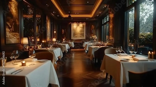 Fototapeta Elegant dining room with white tablecloths and candlelight in upscale restaurant