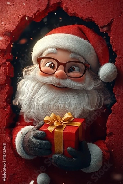 Fototapeta 3D cartoon-style illustration, with a cute smiling Santa Claus peeking out from a hole in a red wall, holding a present box