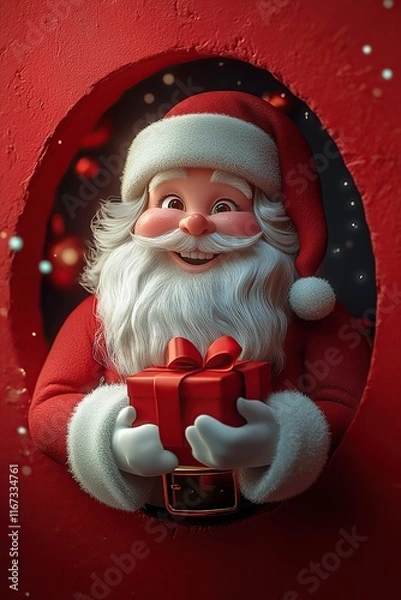 Fototapeta 3D cartoon-style illustration, with a cute smiling Santa Claus peeking out from a hole in a red wall, holding a present box