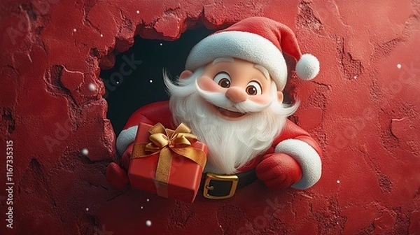 Fototapeta 3D cartoon-style illustration, with a cute smiling Santa Claus peeking out from a hole in a red wall, holding a present box