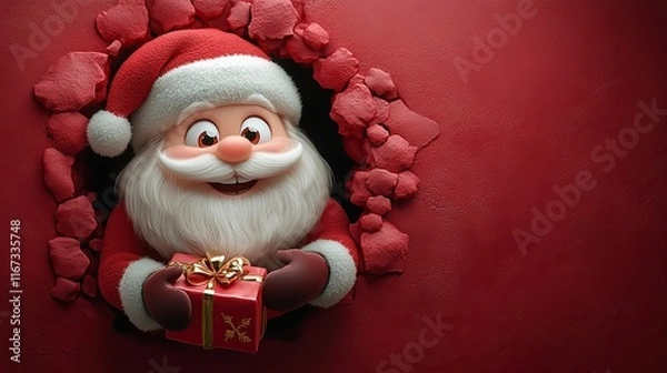 Fototapeta 3D cartoon-style illustration, with a cute smiling Santa Claus peeking out from a hole in a red wall, holding a present box