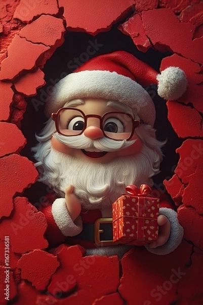 Fototapeta 3D cartoon-style illustration, with a cute smiling Santa Claus peeking out from a hole in a red wall, holding a present box