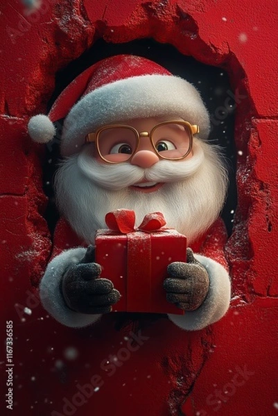 Fototapeta 3D cartoon-style illustration, with a cute smiling Santa Claus peeking out from a hole in a red wall, holding a present box