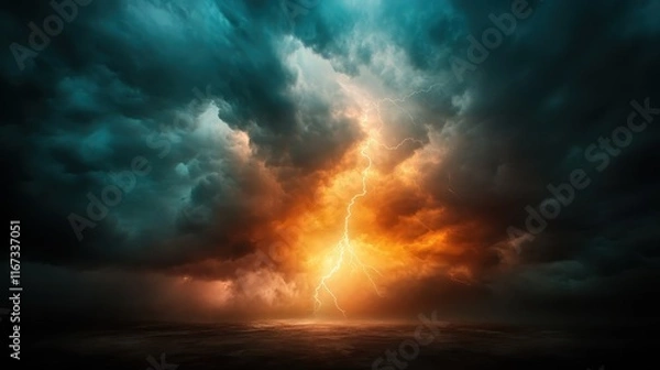 Fototapeta A dramatic display of lightning crackles across the dark sky, illuminating the clouds with a surreal glow, reflecting the raw power and beauty of thunderous nature.