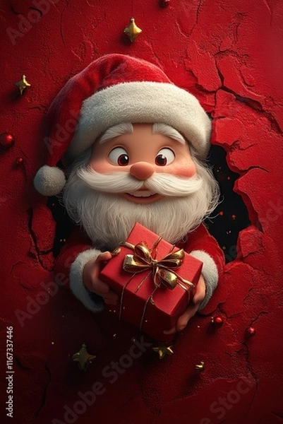 Fototapeta 3D cartoon-style illustration, with a cute smiling Santa Claus peeking out from a hole in a red wall, holding a present box