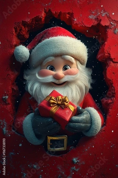 Fototapeta 3D cartoon-style illustration, with a cute smiling Santa Claus peeking out from a hole in a red wall, holding a present box